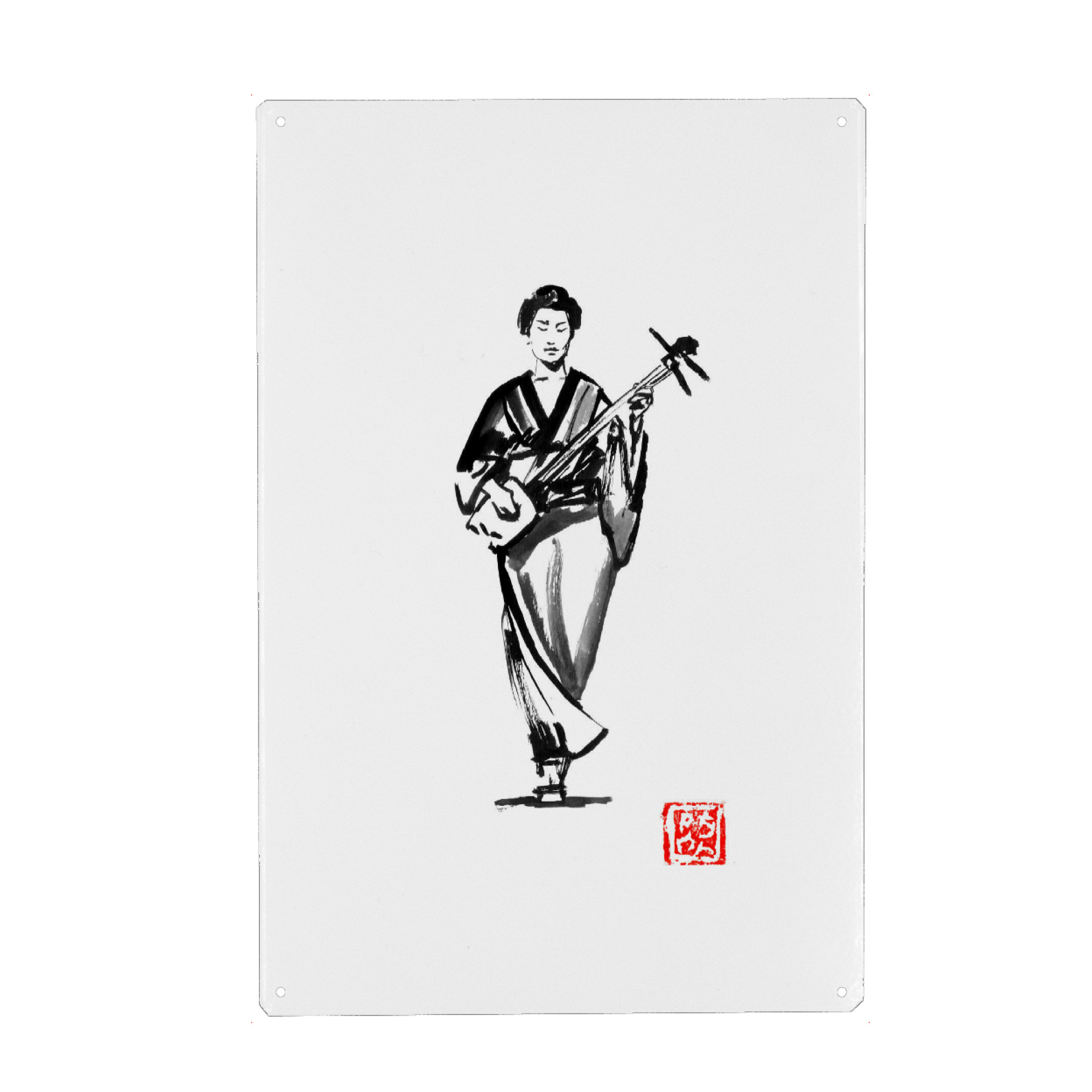 Metall Poster "Walking shamisen" artboxONE - Menschen - Japan,Sumie,Geisha,Shamisen,Schwarzweiß,Blackandwhite - Blechschild