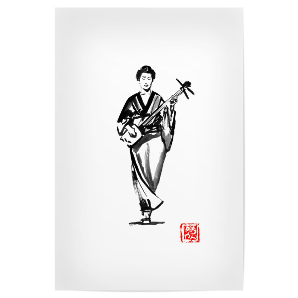 Poster "Walking shamisen" artboxONE - Menschen - Japan,Sumie,Geisha,Shamisen,Schwarzweiß,Blackandwhite