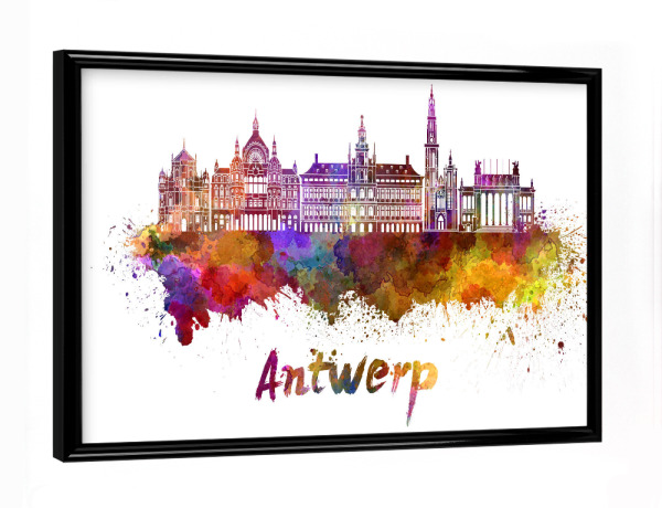 Poster mit schwarzem Rahmen "ANTWERP Skyline in watercolor-b" artboxONE - Städte,Abstrakt,Architektur,Reise / Länder