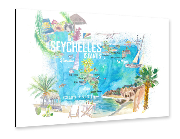 Alu-Dibond "Seychelles Islands Illustrated Map" 30x20 cm artboxONE