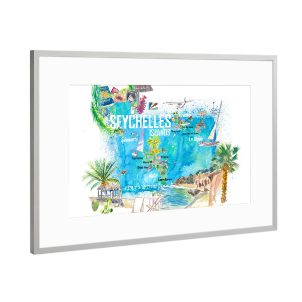 Poster mit Rahmen Silber "Seychelles Islands Illustrated Map" artboxONE - Reise,Reise / Strand und Meer,Reise / Asien,Kartografie