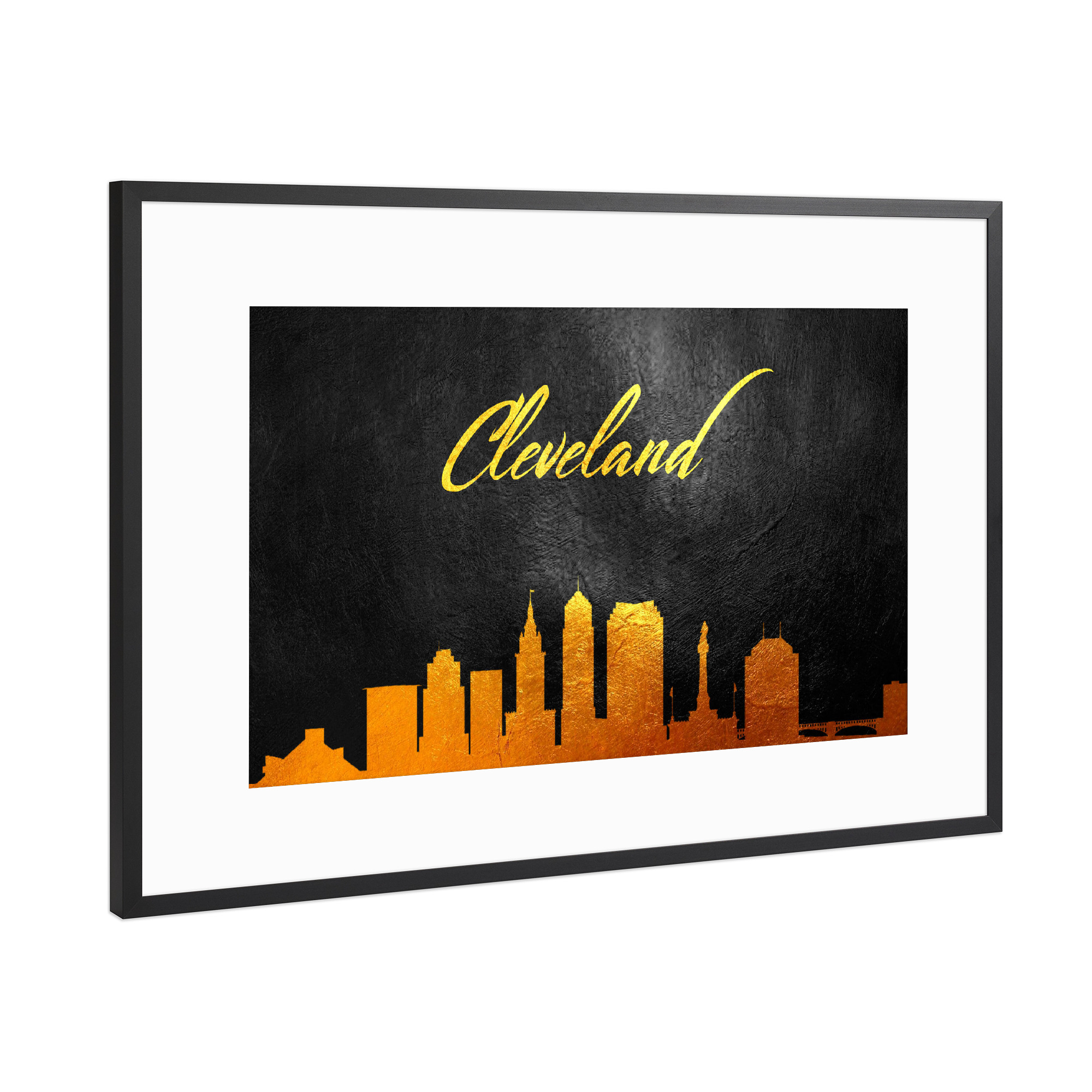 Poster mit Rahmen Schwarz (Metallic) "Cleveland Ohio Gold Skyline" artboxONE - Städte - Cleveland,Ohio,Gold,Skyline,City,Stadt