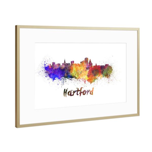 Poster mit Rahmen Gold "HARTFORD skyline in watercolor" artboxONE - Städte,Abstrakt,Architektur