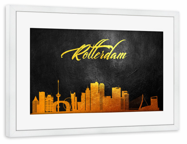 Poster mit Rahmen weiß "Rotterdam Netherlands Gold" artboxONE - Städte - Rotterdam,Netherlands,Gold,Skyline,Niederlande,Stadt,Reise,City