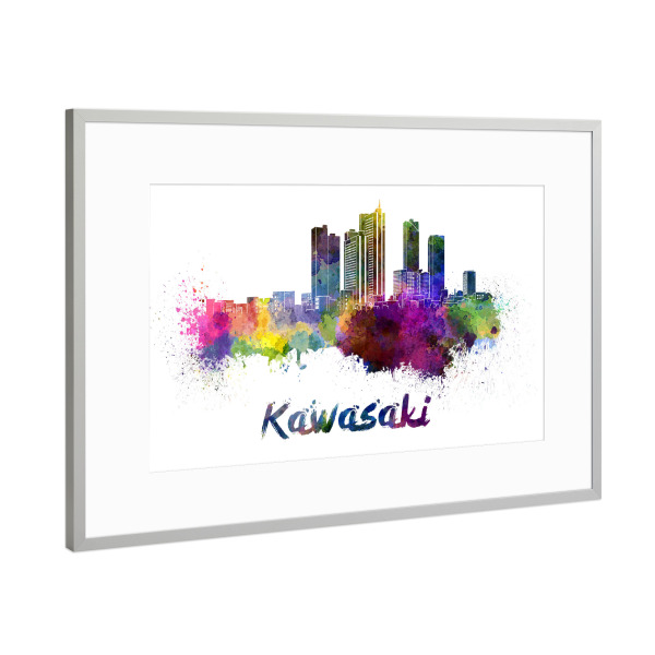 Poster mit Rahmen Silber "KAWASAKI skyline in watercolor" artboxONE - Städte,Abstrakt,Architektur