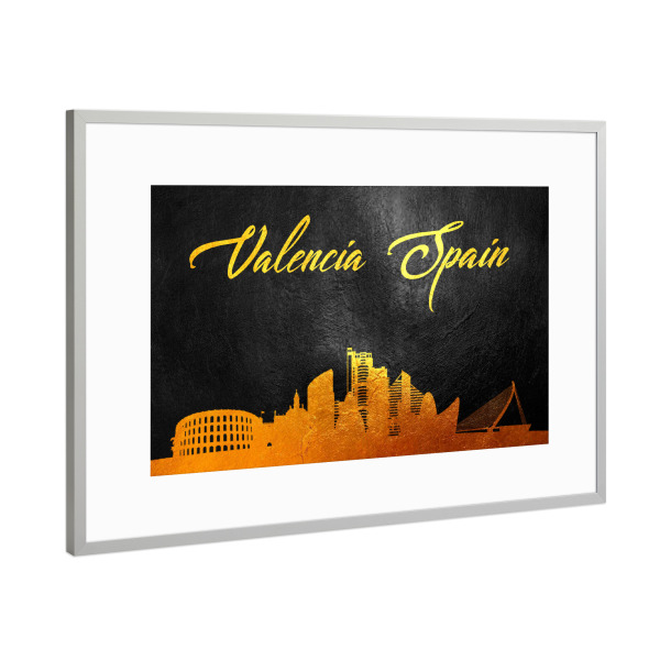 Poster mit Rahmen Silber "Valencia Spain Gold Skyline" artboxONE - Städte - Valencia,Spain,Gold,Skyline,City,Stadt