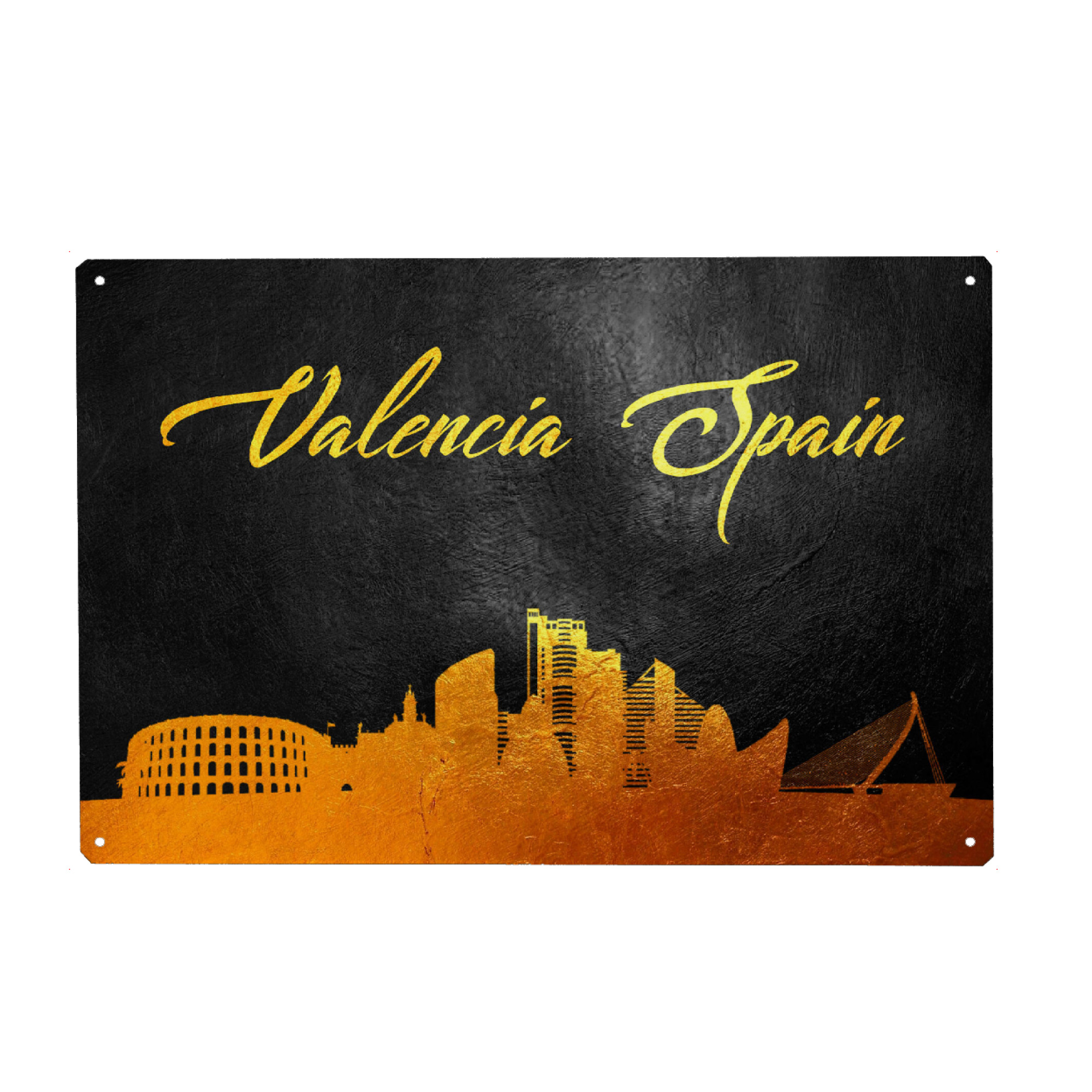 Holzbild "Valencia Spain Gold Skyline" artboxONE - Städte - Valencia,Spain,Gold,Skyline,City,Stadt