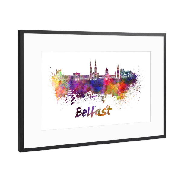Poster mit Rahmen Schwarz (Metallic) "BELFAST skyline in watercolor-b" artboxONE - Städte,Reise,Abstrakt,Architektur