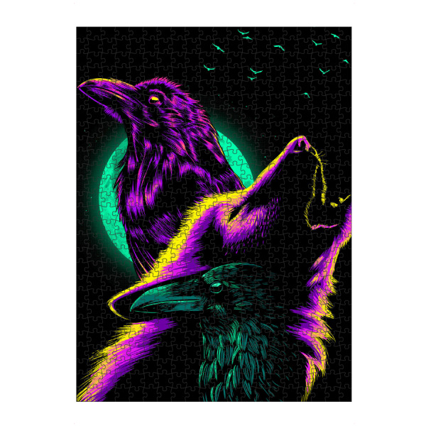 artboxONE Puzzle "Crows and wolf" artboxONE - Tiere - Raven,Night with a full moon,Stars,Animal,Nature,Wolf,Wild dog,Bird,Halloween,Terror,Horror