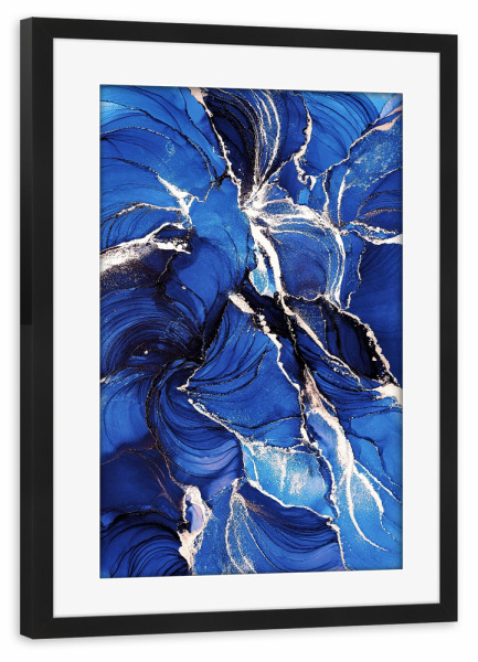 Poster mit Rahmen schwarz "Blue velvet" artboxONE - Floral,Abstrakt - Blue,Blau,Gold,Floral,Abstract,Abstrakt,Art,Kunst,Alcoholink,Alcoholinkart