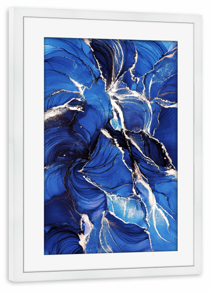 Poster mit Rahmen weiß "Blue velvet" artboxONE - Floral,Abstrakt - Blue,Blau,Gold,Floral,Abstract,Abstrakt,Art,Kunst,Alcoholink,Alcoholinkart