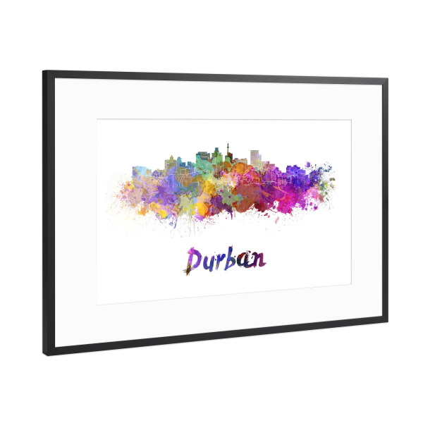 Poster mit Rahmen Schwarz (Metallic) "DURBAN skyline in watercolor" artboxONE - Städte,Abstrakt,Architektur