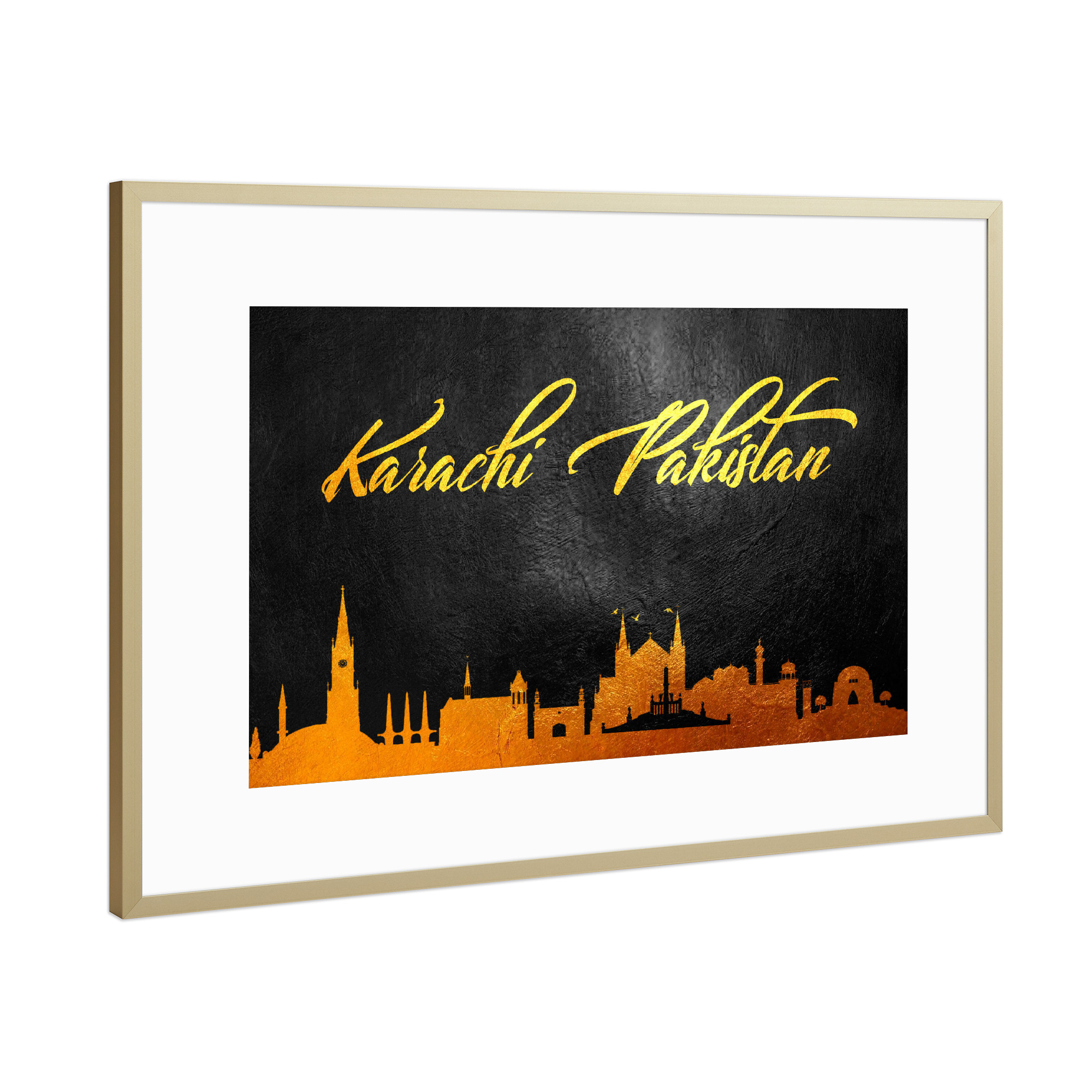 Poster mit Rahmen Gold "Karachi Pakistan Gold Skyline" artboxONE - Städte - Gold,Skyline,Karachi,Pakistan,City,Stadt