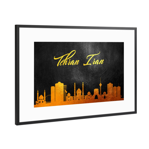 Poster mit Rahmen Schwarz (Metallic) "Tehran Iran Gold Skyline" artboxONE - Städte - Tehran,Iran,Gold,Skyline,City,Stadt