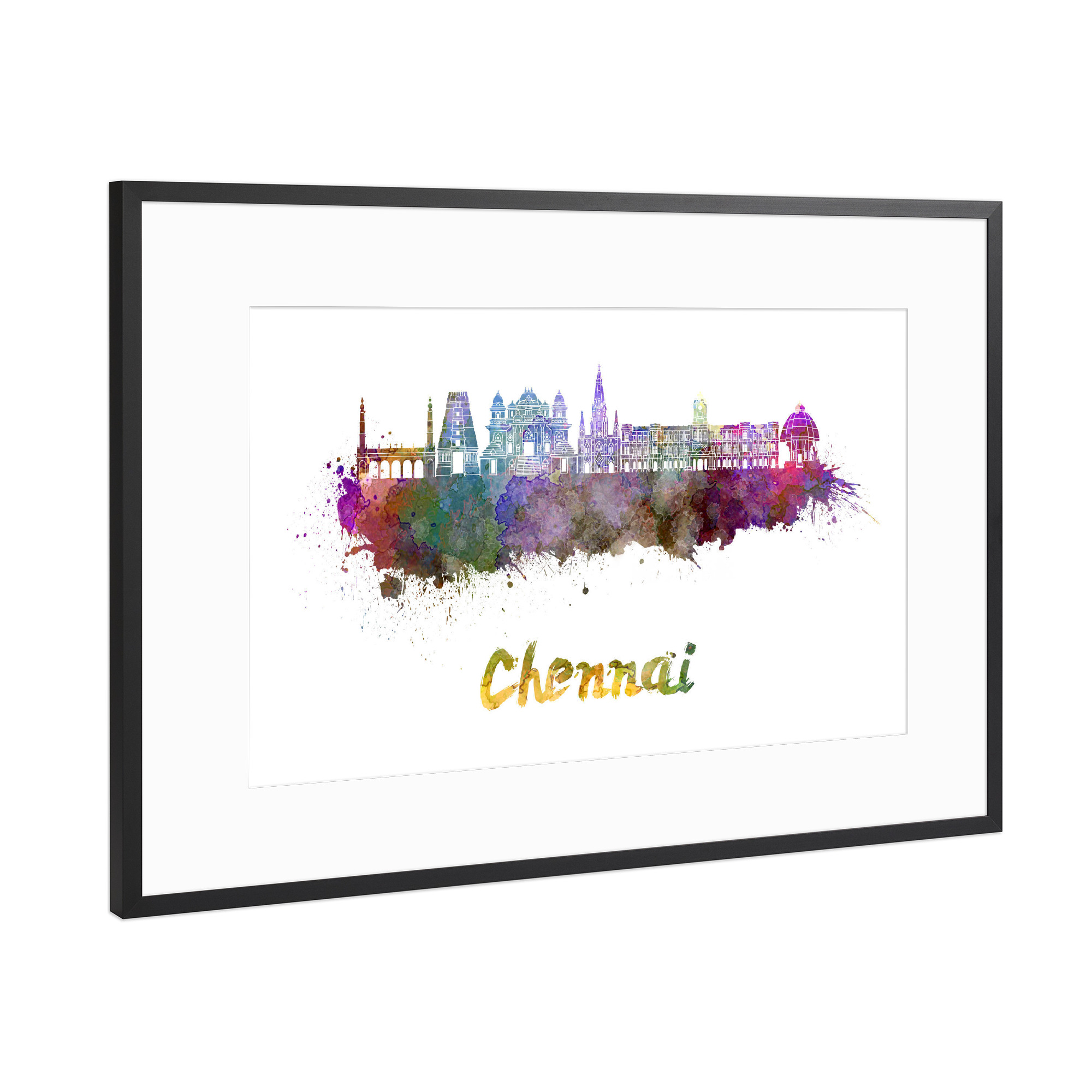 Poster mit Rahmen Schwarz (Metallic) "CHENNAI skyline in watercolor-b" artboxONE - Städte,Reise,Abstrakt,Architektur