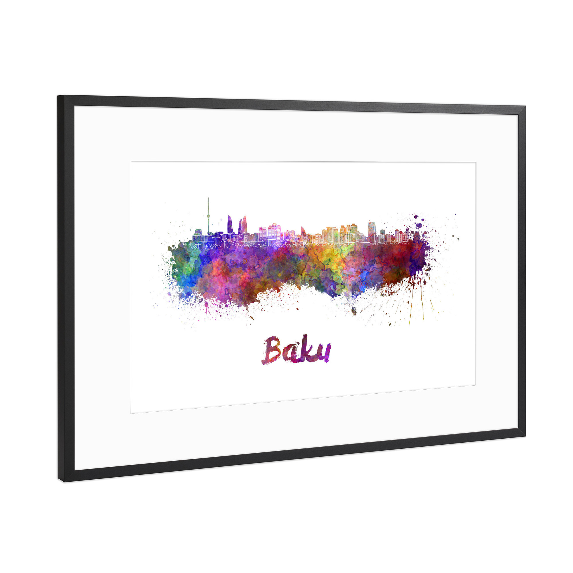 Poster mit Rahmen Schwarz (Metallic) "Baku skyline in watercolor-b" artboxONE - Städte,Reise,Abstrakt,Architektur