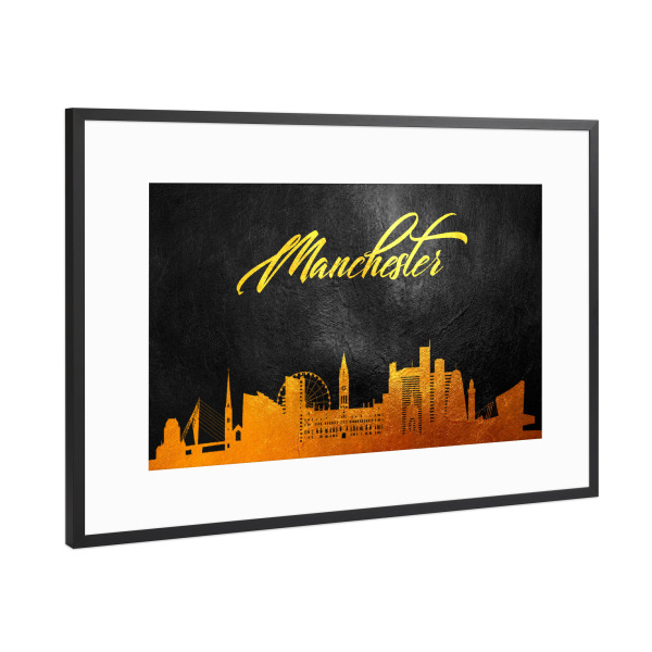 Poster mit Rahmen Schwarz (Metallic) "Manchester England Gold Skyline" artboxONE - Städte - Manchester,England,Gold,Skyline,City,Stadt