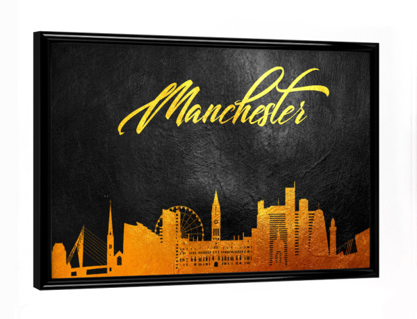 Poster mit schwarzem Rahmen "Manchester England Gold Skyline" artboxONE - Städte - Manchester,England,Gold,Skyline,City,Stadt