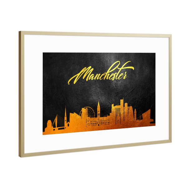 Poster mit Rahmen Gold "Manchester England Gold Skyline" artboxONE - Städte - Manchester,England,Gold,Skyline,City,Stadt