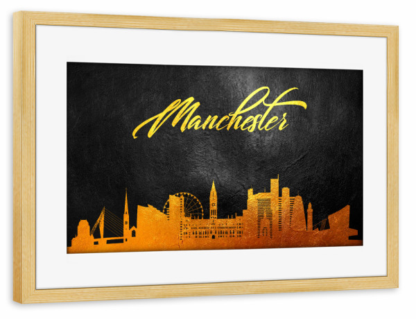 Poster mit Rahmen kiefer "Manchester England Gold Skyline" artboxONE - Städte - Manchester,England,Gold,Skyline,City,Stadt