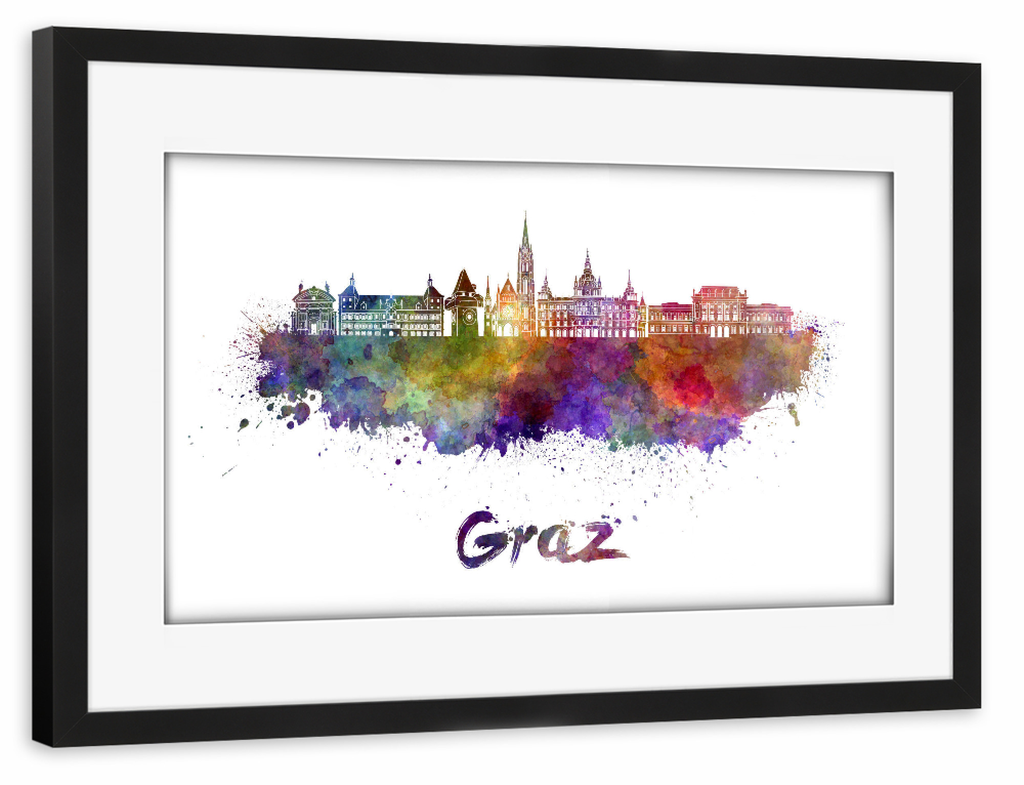 Poster mit Rahmen schwarz "GRAZ skyline in watercolor-b" artboxONE - Städte,Abstrakt,Architektur