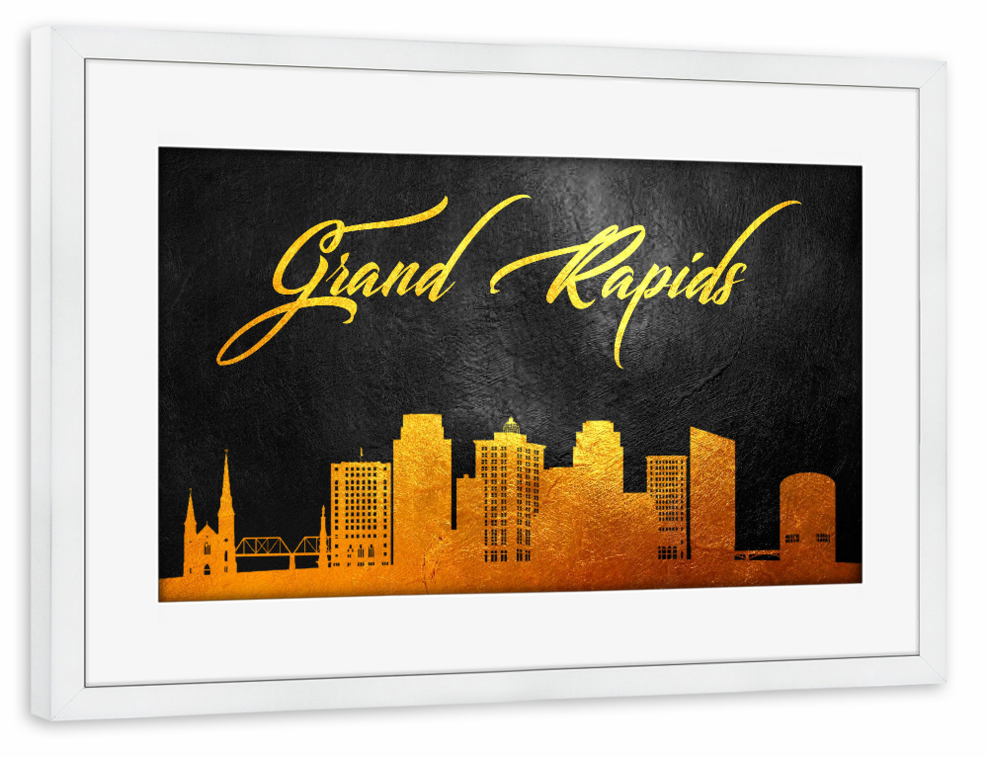 Poster mit Rahmen weiß "Grand Rapids Michigan Gold" artboxONE - Städte - Grand rapids,Michigan,Gold,City,Stadt,Skyline