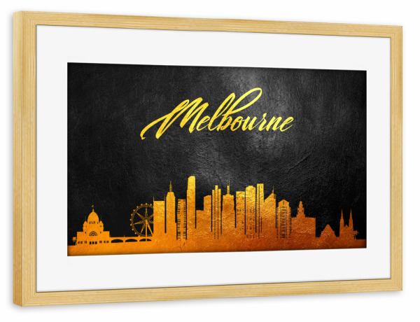 Poster mit Rahmen kiefer "Melbourne Australia Gold Skyline" artboxONE - Städte - Melbourne,Australia,Gold,Skyline,City,Stadt