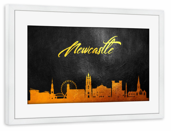 Poster mit Rahmen weiß "Newcastle England Gold Skyline" artboxONE - Städte - Gold,Skyline,Newcastle,England,City,Stadt