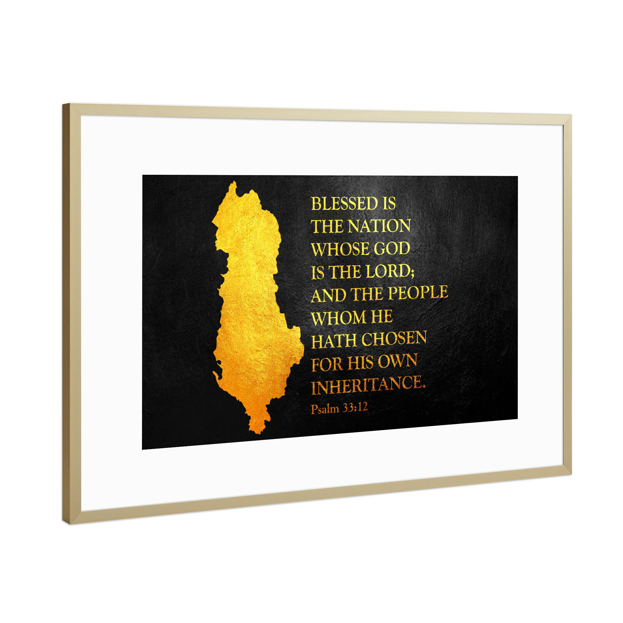 Poster mit Rahmen Gold "Albania Bible Verse Gold Map" artboxONE - Reise / Länder - Albania,Gold,Map,Karte