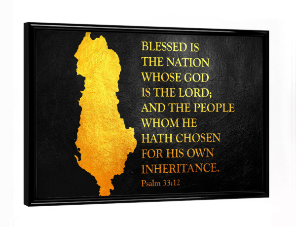Poster mit schwarzem Rahmen "Albania Bible Verse Gold Map" artboxONE - Reise / Länder - Albania,Gold,Map,Karte
