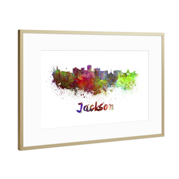 Poster mit Rahmen Gold "JACKSON skyline in watercolor" artboxONE - Städte,Abstrakt,Architektur
