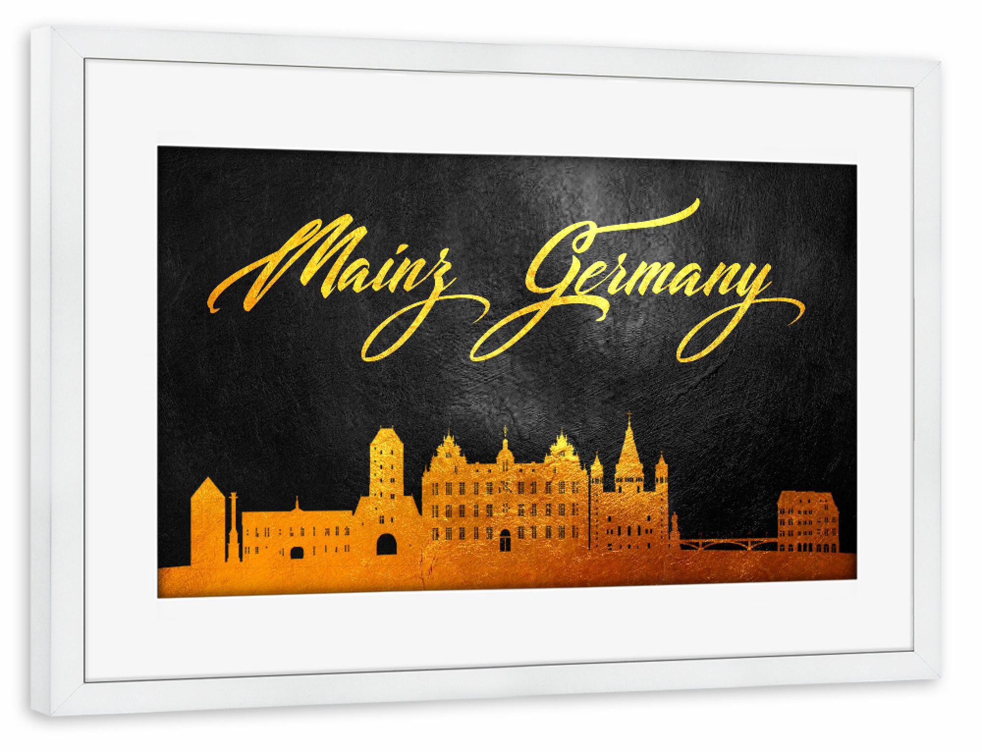 Poster mit Rahmen weiß "Mainz Germany Gold Skyline" artboxONE - Städte - Mainz,Germany,Gold,Skyline,City,Stadt