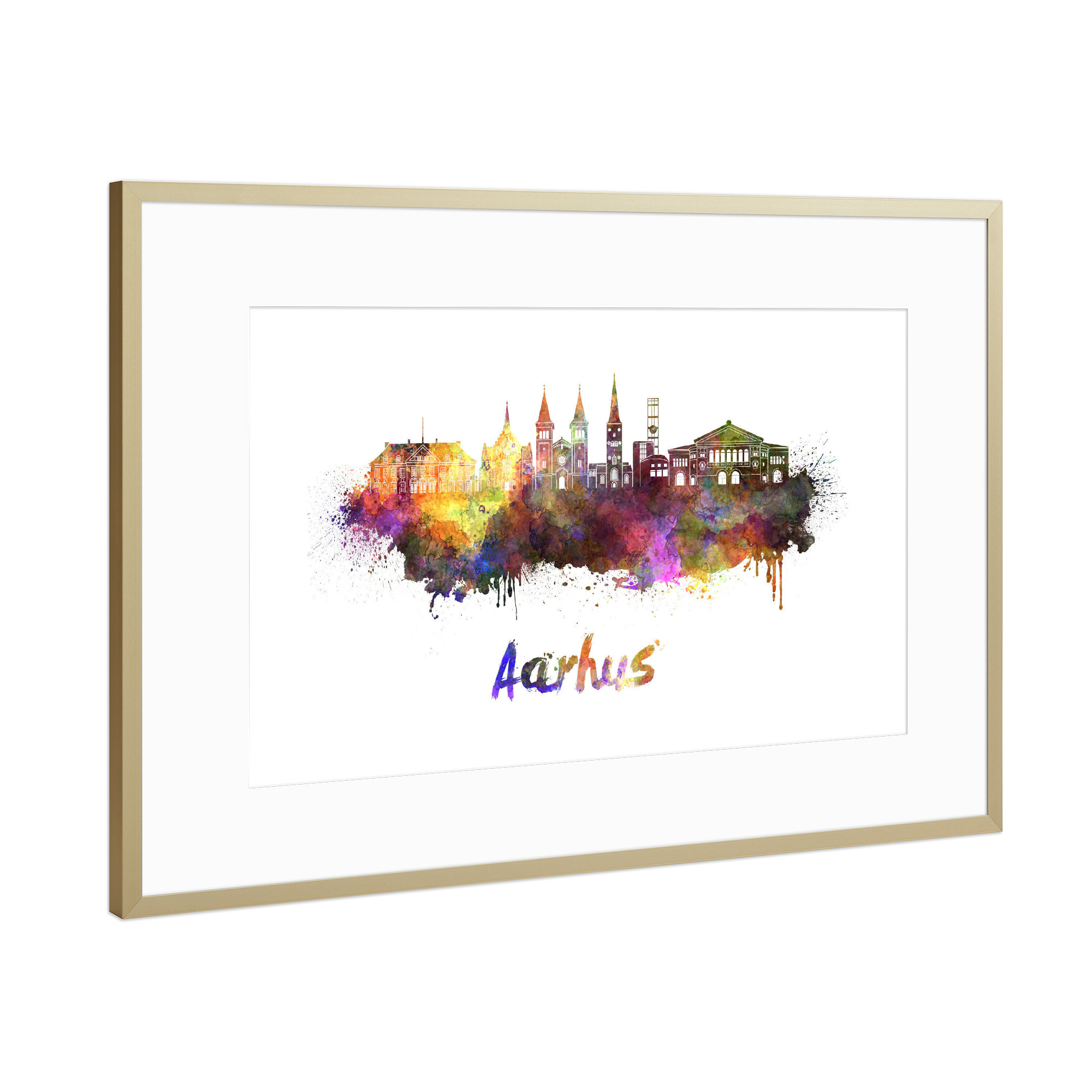 Poster mit Rahmen Gold "AARHUS skyline in watercolor-b" artboxONE - Städte,Reise
