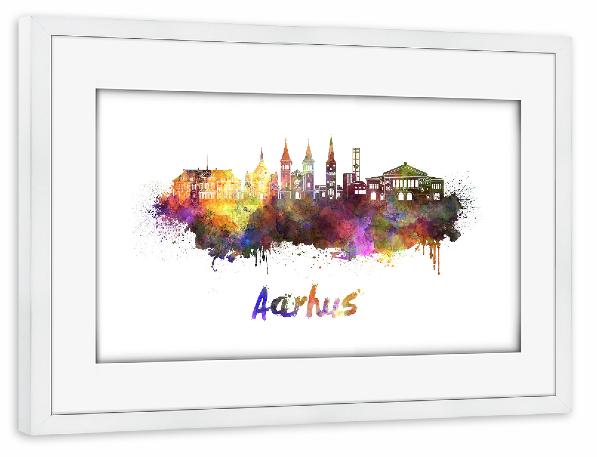 Poster mit Rahmen weiß "AARHUS skyline in watercolor-b" artboxONE - Städte,Reise