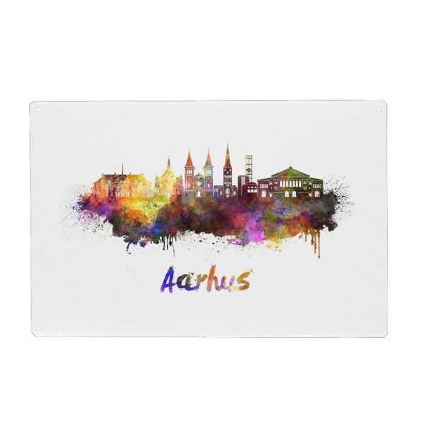 Holzbild "AARHUS skyline in watercolor-b" artboxONE - Städte,Reise - Skyline,Monuments,Travel,Tourism,Panoramic,City,Famous,Stadt,Bunt,Colorful