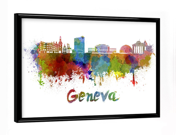 Poster mit schwarzem Rahmen "Geneva skyline in watercolor-b" artboxONE - Städte,Abstrakt,Architektur