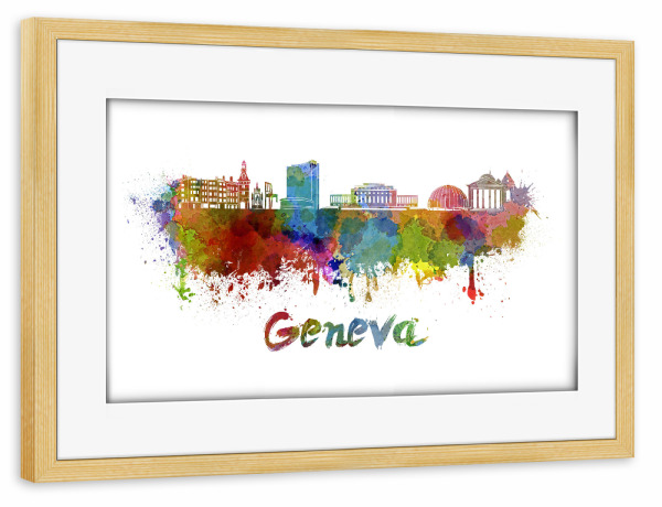 Poster mit Rahmen kiefer "Geneva skyline in watercolor-b" artboxONE - Städte,Abstrakt,Architektur