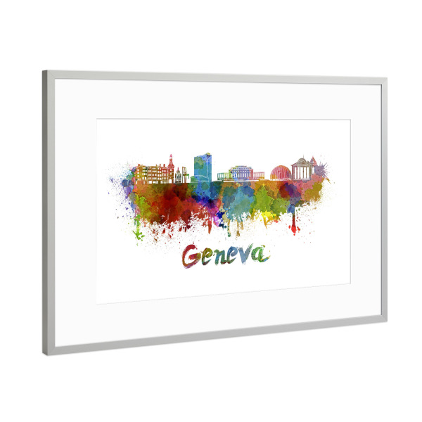 Poster mit Rahmen Silber "Geneva skyline in watercolor-b" artboxONE - Städte,Abstrakt,Architektur