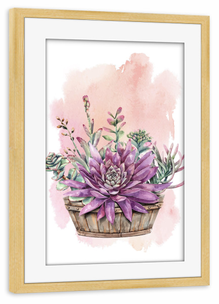 Poster mit Rahmen kiefer "Sukkulenten im Bottich" artboxONE - Natur,Floral - Bottich,Pflanze,Sukkulente,Blühen,Flora,Natur,Blumen,Flowers,Floral
