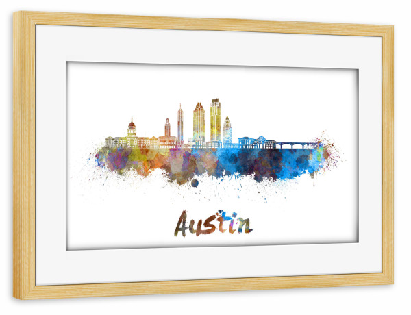 Poster mit Rahmen kiefer "AUSTIN Skyline in watercolor-b" artboxONE - Städte,Reise,Abstrakt,Architektur