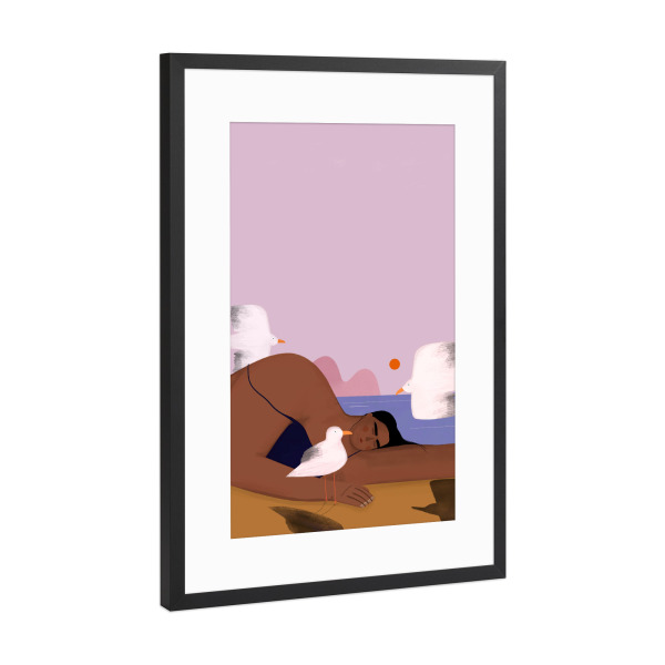 Poster mit Rahmen Schwarz (Metallic) "Oh. Ofi - Seemöwen mit Frau" artboxONE - Natur,Tiere,Menschen