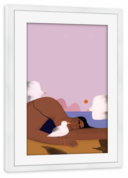 Poster mit Rahmen weiß "Oh. Ofi - Seemöwen mit Frau" artboxONE - Natur,Tiere,Menschen - Vögel,Tiere,Möwen,Natur,Frau,Mensch,Wasser,Strand