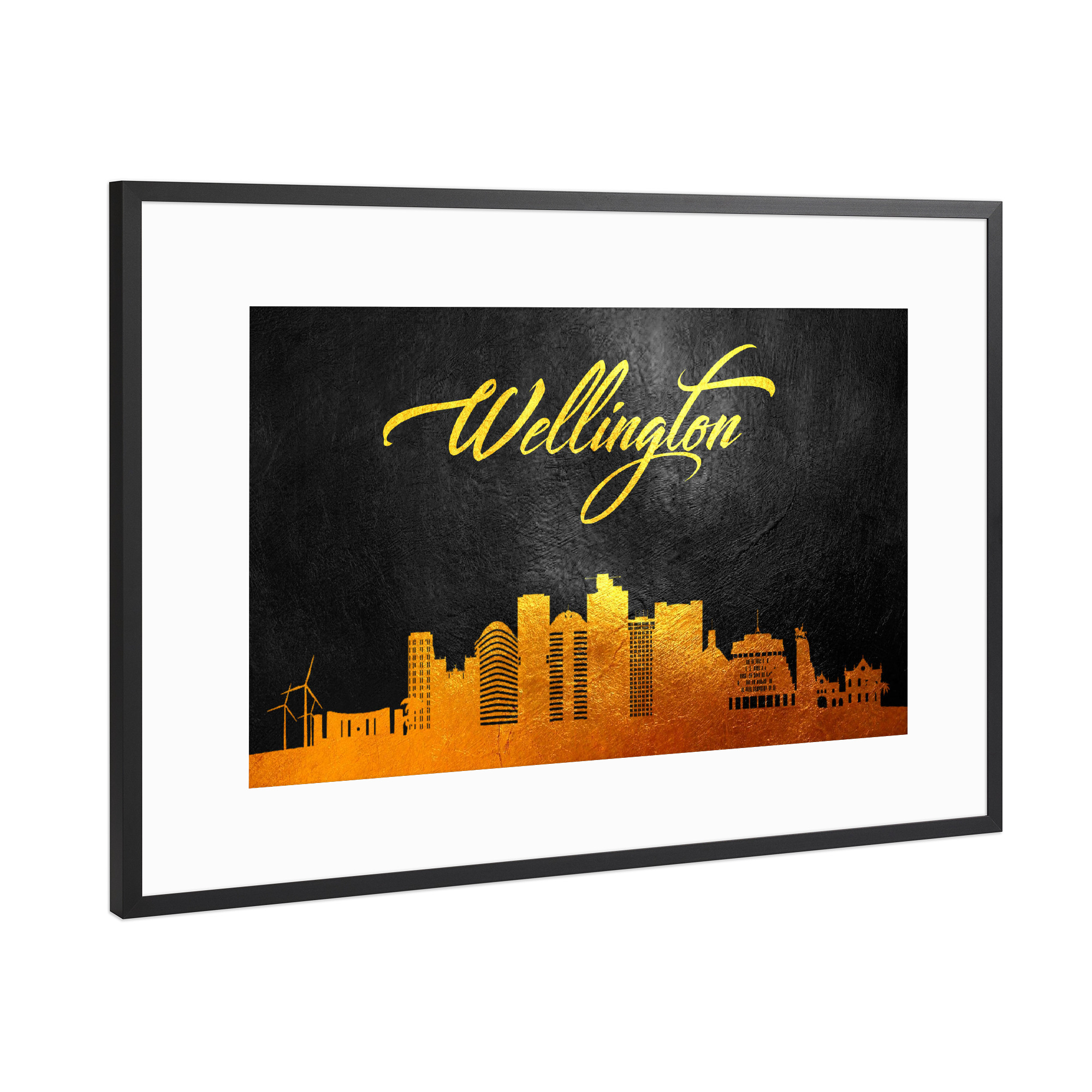 Poster mit Rahmen Schwarz (Metallic) "Wellington New Zealand Gold" artboxONE - Städte - Wellington,New zealand,Gold,Skyline,City,Stadt