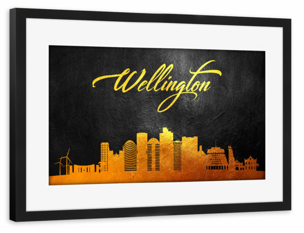 Poster mit Rahmen schwarz "Wellington New Zealand Gold" artboxONE - Städte - Wellington,New zealand,Gold,Skyline,City,Stadt