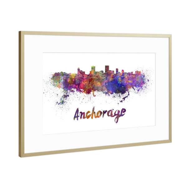 Poster mit Rahmen Gold "Anchorage Skyline in watercolor-b" artboxONE - Städte,Abstrakt,Architektur
