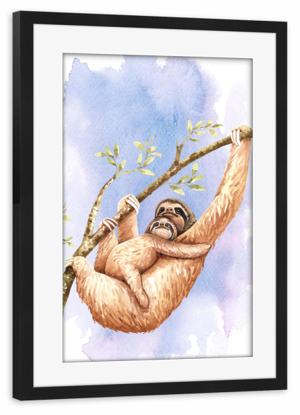 Poster mit Rahmen schwarz "Faultier und junges am Ast" artboxONE - Natur,Tiere