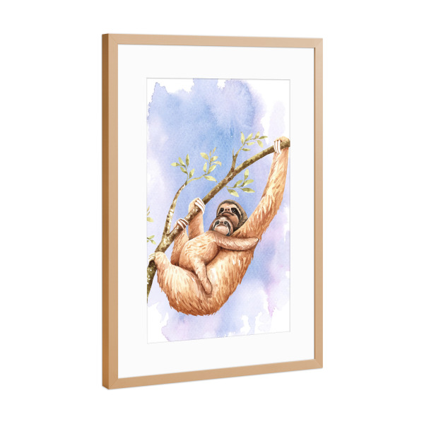 Poster mit Rahmen Kupfer "Faultier und junges am Ast" artboxONE - Natur,Tiere