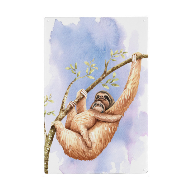 Holzbild "Faultier und junges am Ast" artboxONE - Natur,Tiere - Faultier,Junges,Jungtier,Kind,Klettern,Baum,Ast,Tier,Süß,Animals,Tiere,Kinder,Nursery