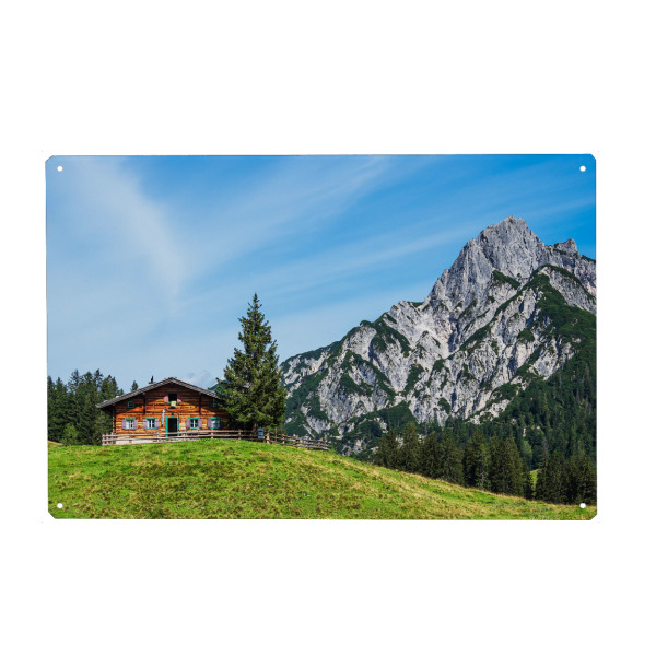 Holzbild "Berg, Hütte und Wiese" artboxONE - Natur,Reise,Reise / Länder