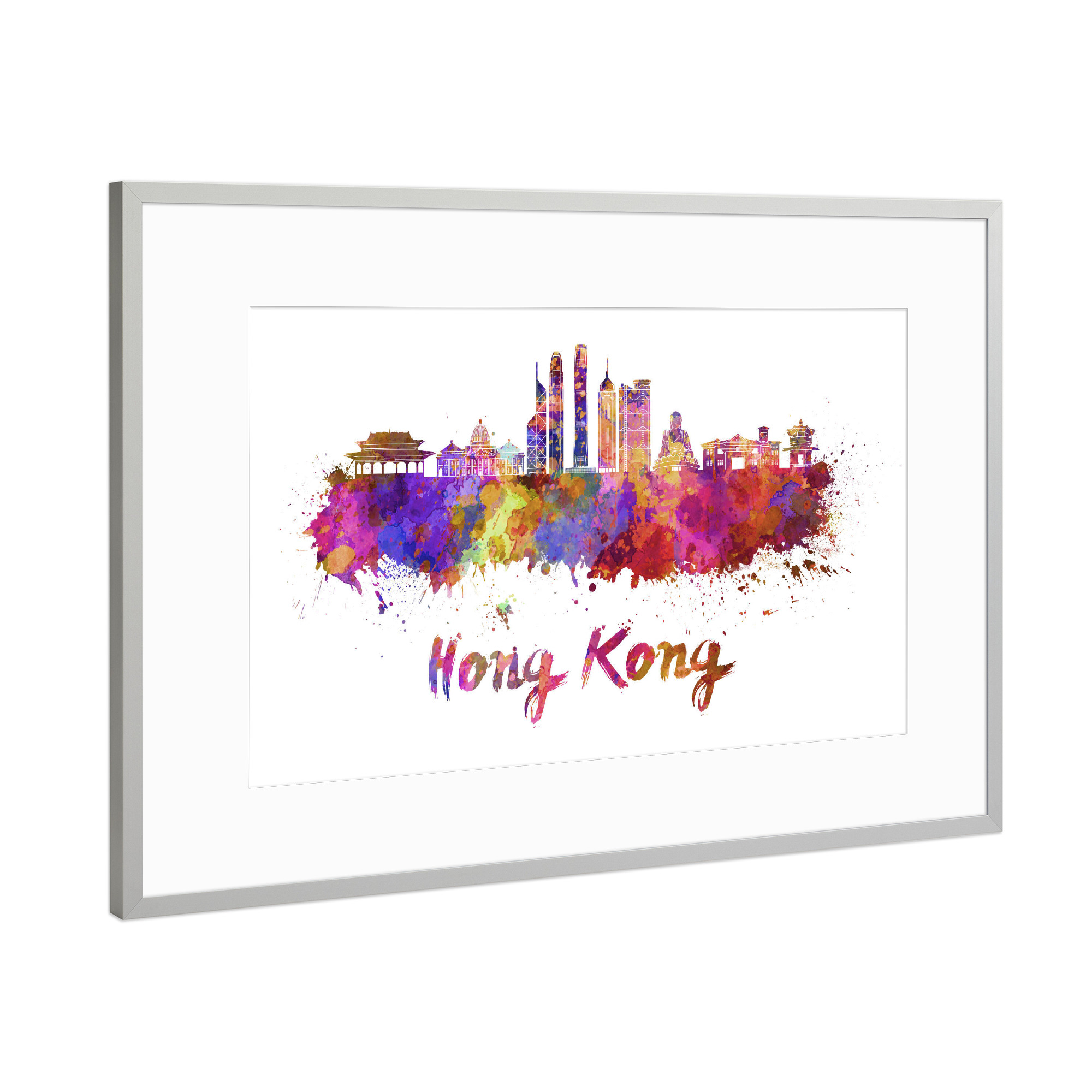 Poster mit Rahmen Silber "HONG KONG skyline in watercolor-d" artboxONE - Städte,Abstrakt,Architektur